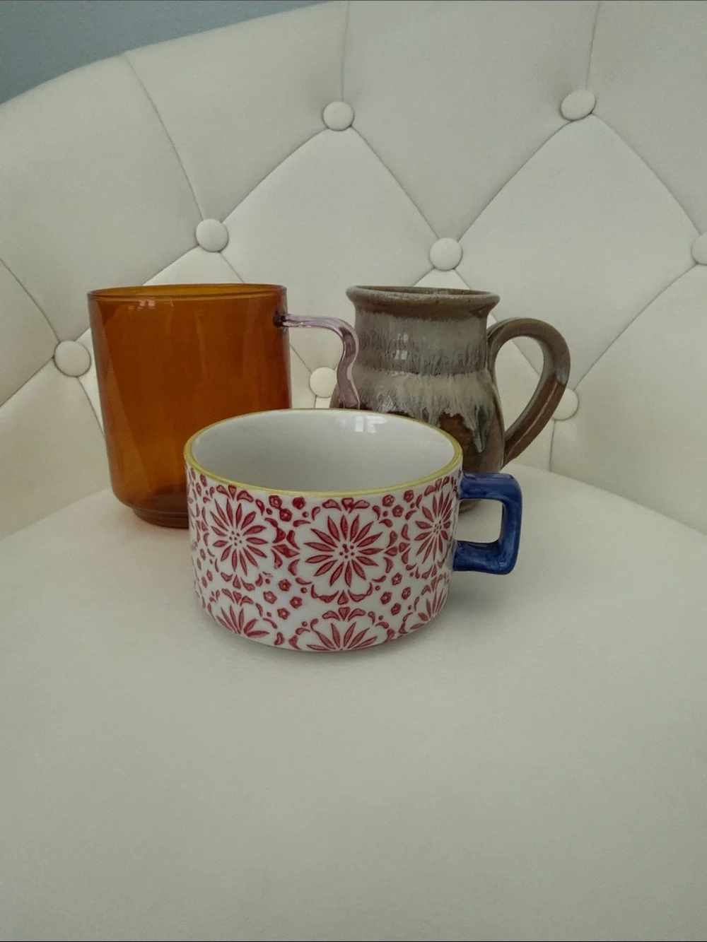 Amber Glass Mug with pink Curved Handle Bundle of 3 Boho Decor cups
